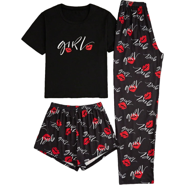 dusa Dam 3-delad rutig pyjamas med t-shirt och shorts, svart, storlek X-Large