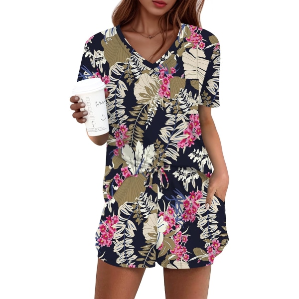 MOON Damkläder Pyjamas Set 2-delat Lounge Set Söt Kort Pyjamas Med Ficka Sovkläder Rosa Blommig Bla Stor
