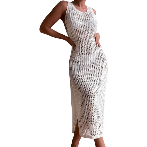 dusa Crochet Cover Ups för kvinnor Hollow Out Bikini Badkläder Split Long Beach Dress Vit Liten