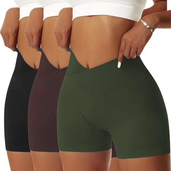 ie Damshorts V Cross Elastiska Push Up Yogashorts Booty Scrunch Högmidjade Atletiska Leggings 3st Svart/Armégrön/Mörkbrun Stor