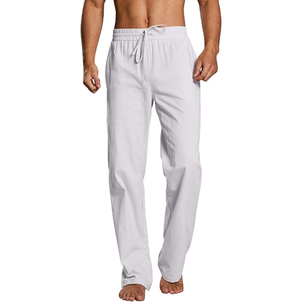 oybuy Herr Linne Dragsko Byxor Strand Golf Elastisk midja Vår Lång Casual Lös Sommar Yoga Joggingbyxor bomull 1 02-vit X-Large