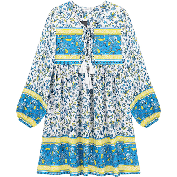 ivimos Dam långärmad blommig casual print bomull miniklänning vitblå-1 small