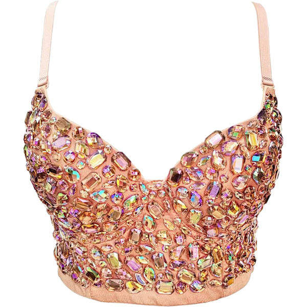 en's Bustier Crop Top Mesh Korsett Topp Push up Rhinestone Diamond BH Club Party Väst Beige Stor