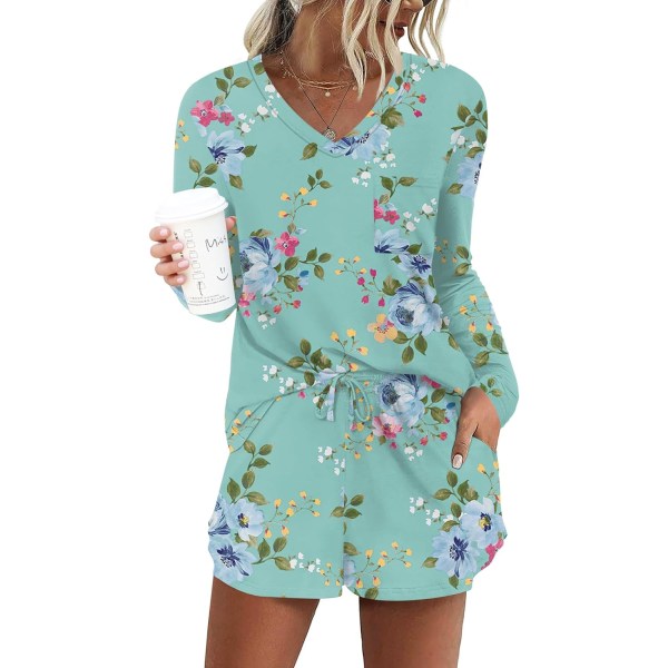 MOON Långärmad set för kvinnor 2 delar söta korta pyjamasset med fickor Sleep Wear Grönt blommigt medium