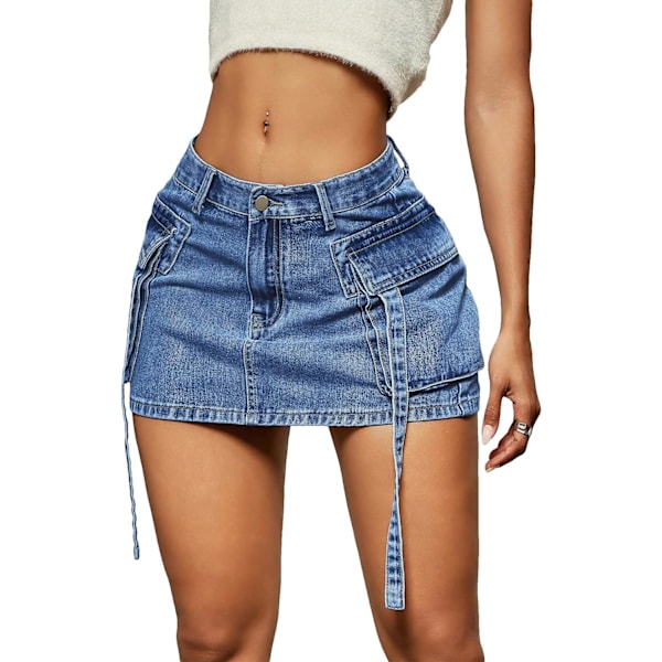 dusa Dam Casual Street Låg Midja Tejp Denim Cargo Minikjol med Flikficka Medium Wash Large