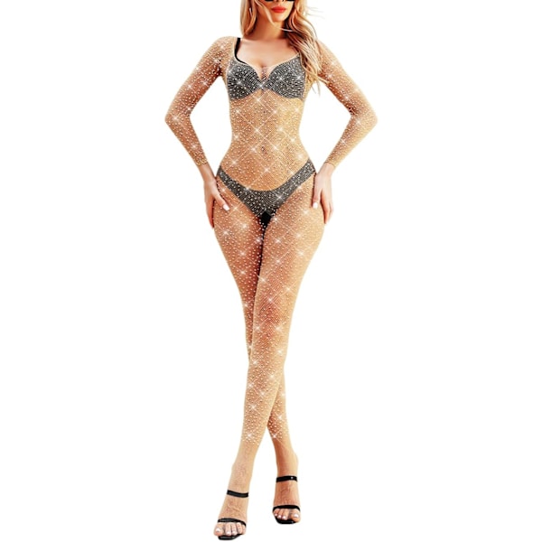 KELF Dam Klassisk Nätstrumpa Bodystocking Lingerie Fest Sparkle Rhinestone Strumpor En Del Naken En Storlek
