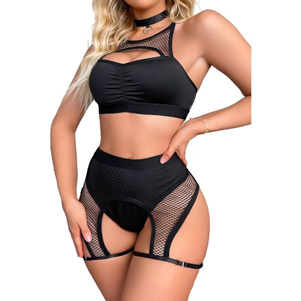 osy Dam Sexig Strappy Push Up Strumpeband Lingerie Set Blommig Spets Sheer 3 Delar Fishnet Svart Medium