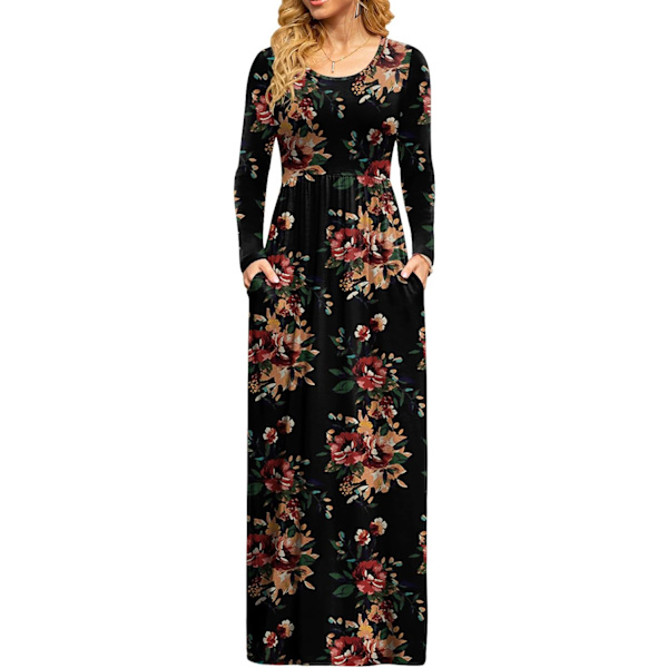MOON Damkläder Casual Långärmad Maxiklänningar Empire Midja Lång Klänning med Ficka Brun Blommig Bl XX-Large