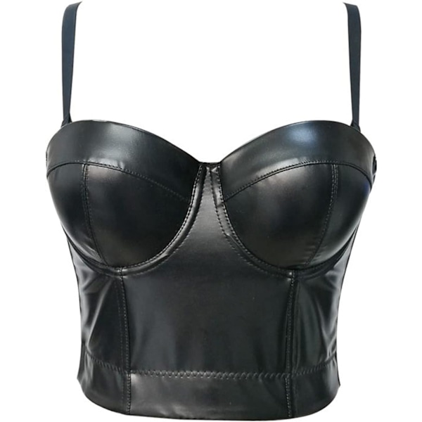 nyi Dam Straps PU Läder Bustier Crop Top Push Up Korsett Topp BH för Club Party Racer Sports Svart Stor
