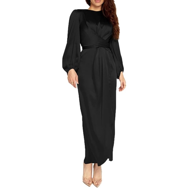 en's enfärgad satinklänning Abaya med rund krage, ballongärm, omslag i midjan, slitsad maxiklänning, Mellanöstern muslimsk klänning, svart, X-Large