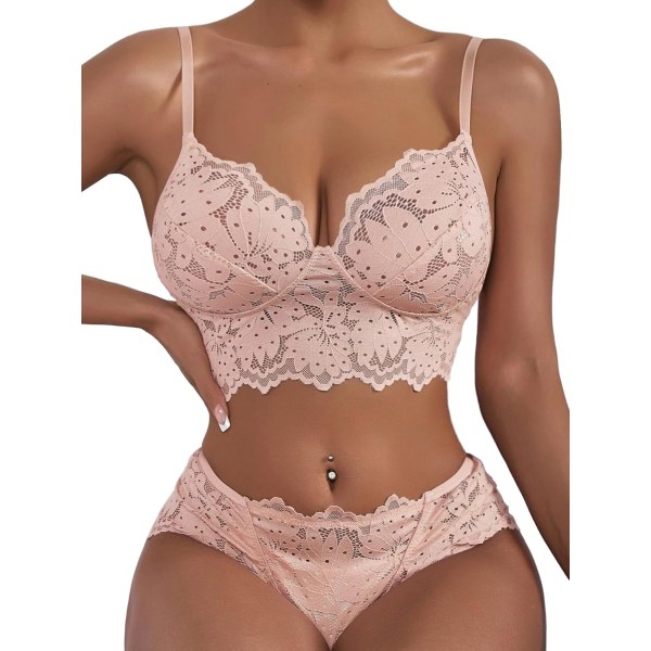 osy Sexig genomskinlig blommig spets pyjamas underkläder set hög midja nattkläder bh och trosa 2 delar nattkläder cheeky rosa X-Large