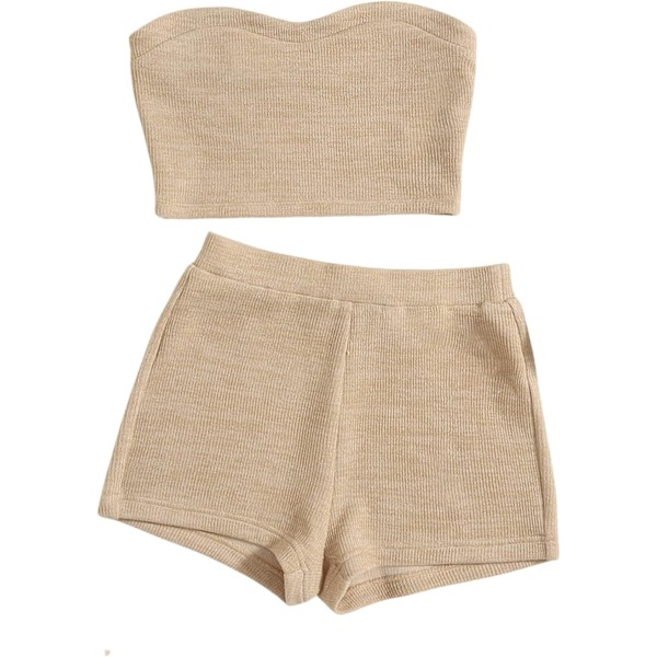 dusa Dam 2-delat set Ribbad Crop Bandeau Tubtopp och Biker Track Shorts Set Khaki Medium