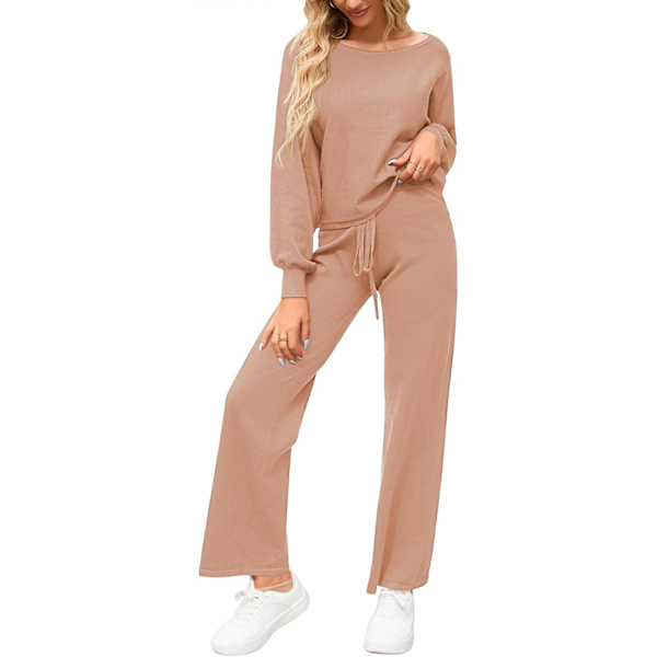 nya dam 2-delade träningsset långärmad stickad tröja vida byxor outfits loungewear set