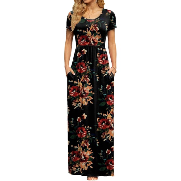 MOON kortärmade maxiklänningar för kvinnor Casual Empire Midja lång klänning med fickor Brun blommig Bl 4X-Large