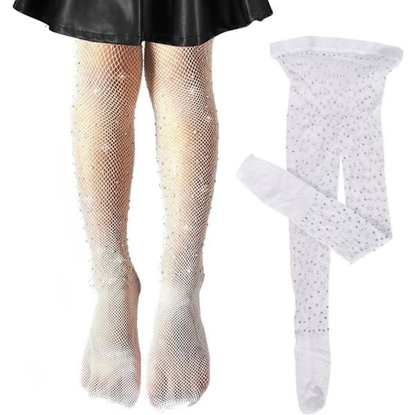 tle Flickor Småbarn Barn Glittrande Nätstrumpor Rhinestone Glitter Hög Midja Mesh Leggings Strumpbyxor Byxor Vit 4-9 År