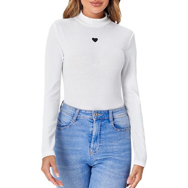 dusa Dam Basic Mock Neck Slim Fitted Långärmad Pullovers Tee Toppar Vit Ribbstickad Stor