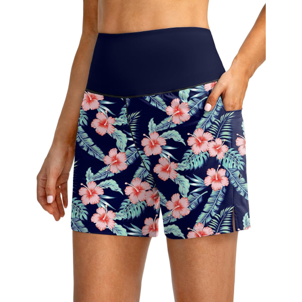 dual Dam 5\" High Waisted Swim Board Shorts med telefonfickor UPF 50+ Snabbtorkande badshorts för kvinnor med foder Marinblomma Stor