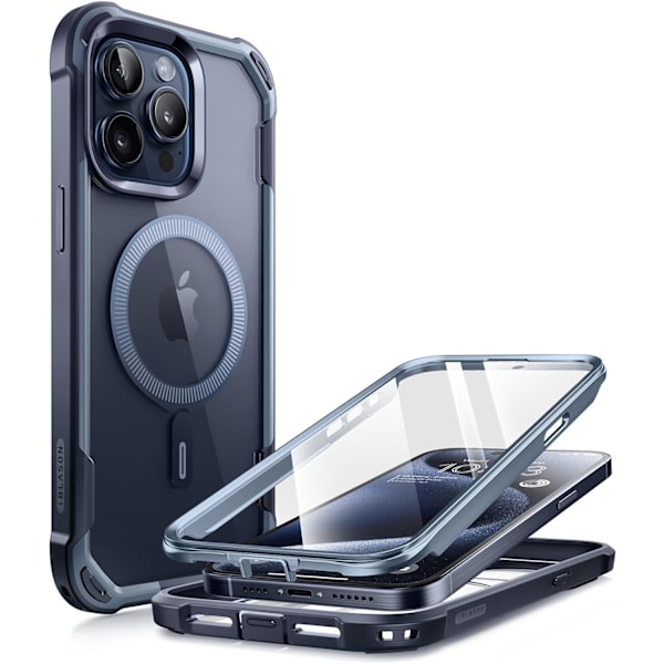 lason Ares Mag för iPhone 15 Pro-fodral, [Kompatibel med MagSafe] Dubbelskikts robust genomskinligt stötfångarfodral med inbyggd skärm Navy