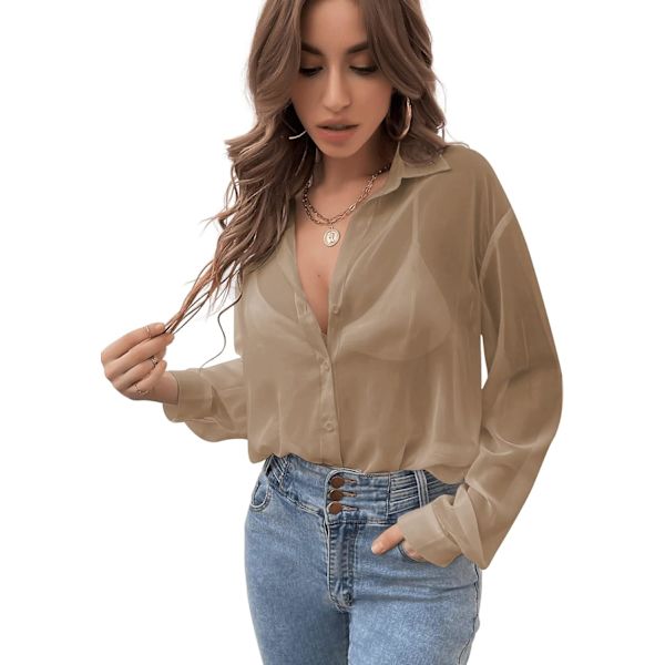 dusa Dam Sheers Mesh Knapp Ned Skjorta Topp Långärmad Sänkt Axel Blus Khaki X-Small