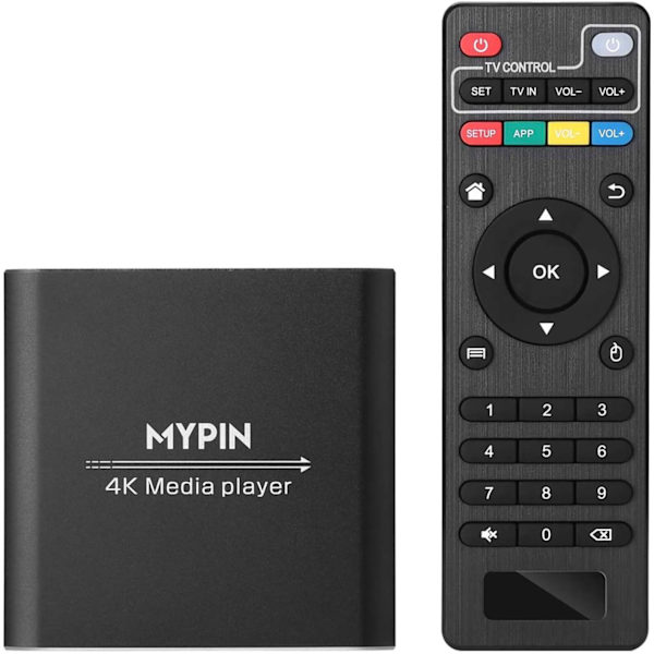 4Media-spelare med fjärrkontroll, digital MP4-spelare för 8 TB hårddisk/USB-enhet/TF-kort/H.265 MP4 PPT MKV AVI-stöd HDMI/AV/optisk utgång och USB-mus