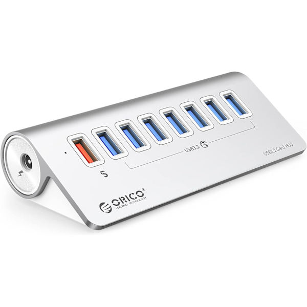 USB-hubb 3.0 med 7 portar i aluminium [5 Gbit/s] med 7 USB 3.0-dataportar + 1 snabbladdningsport 18 W (5 V/3 A; 9 V/2 A; 12 V/1,5 A), 12 V 3 A nätadapter med 1,64 fot kabel