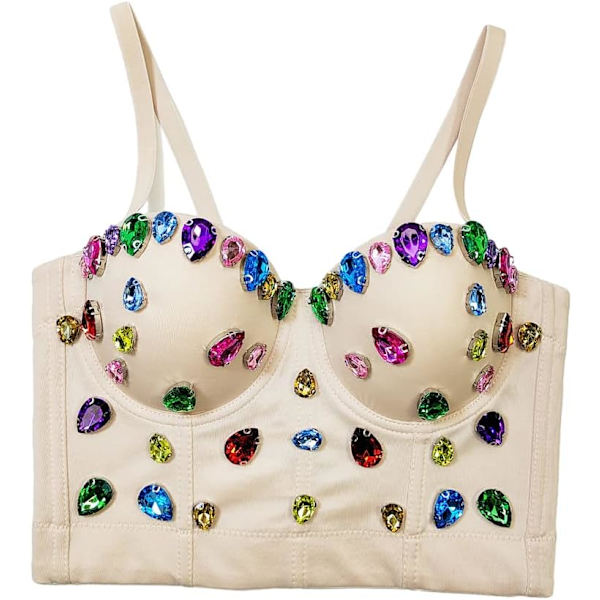 en's färgglada strass topp glittrande bustier crop top push up korsett bh clubwear 8618-beige X-Small