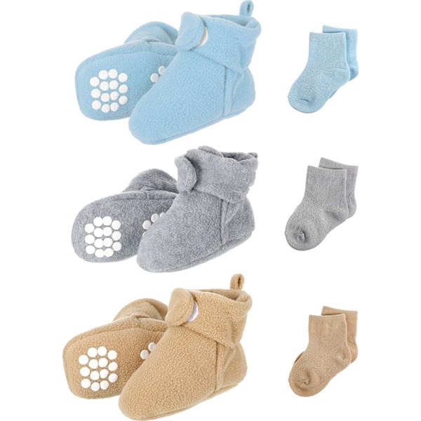 INIOR 3 par Unisex mysiga fleece babytofflor med 3 par bomullssockor för spädbarn Blå, Grå, Bro 12-18 månader