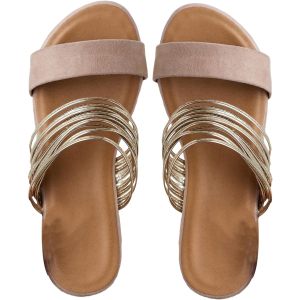 dusa Dam Metallic Strappy Platta Sandaler Sommar Slide Sandaler Casual Skor Khaki 7