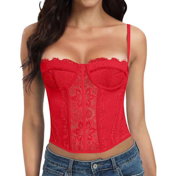LLEY Fashion Lace Bustier Korsett Crop Tops för kvinnor med spänne - Sexig utgångstopp Röd Medium