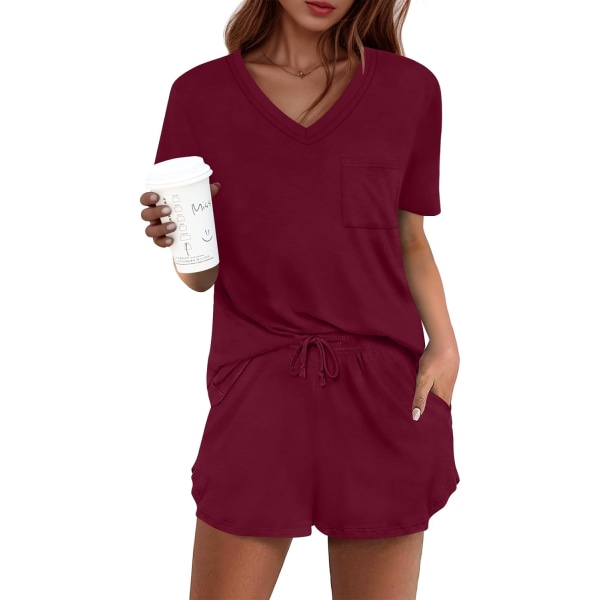 MOON Damkläder Pyjamas Set 2 Delar Lounge Set Söt Kort Pyjamas Med Ficka Sovkläder Vinröd Liten