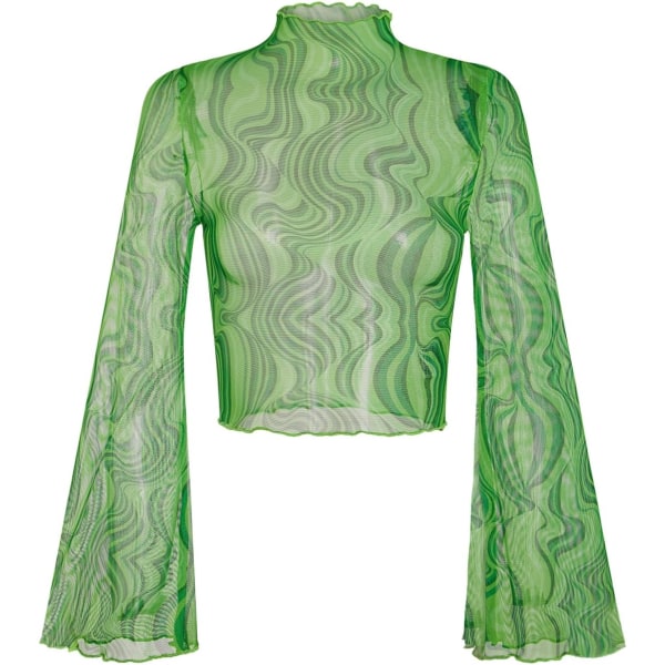 dusa Klockärm för kvinnor Salladskant Mock Neck Blommig Mesh Top Crop T-shirt Marmor Grön X-Small