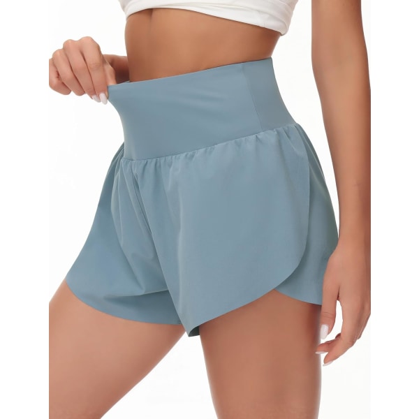 wish Damshorts för kvinnor med hög midja, snabbtorkande yogashorts, träningskläder med meshfoder, dragkedjeficka, denimblå, medium