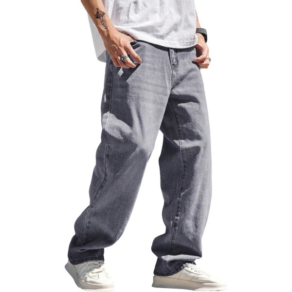 dusa lösa jeans med hög midja för män Baggy jeansbyxor med raka ben byxor Grå X-Large