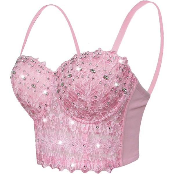 kyss Dam Sexig Regerande Spets Strass Bustier Bröllopsfest Crop Top BH-väst Rosa Medium