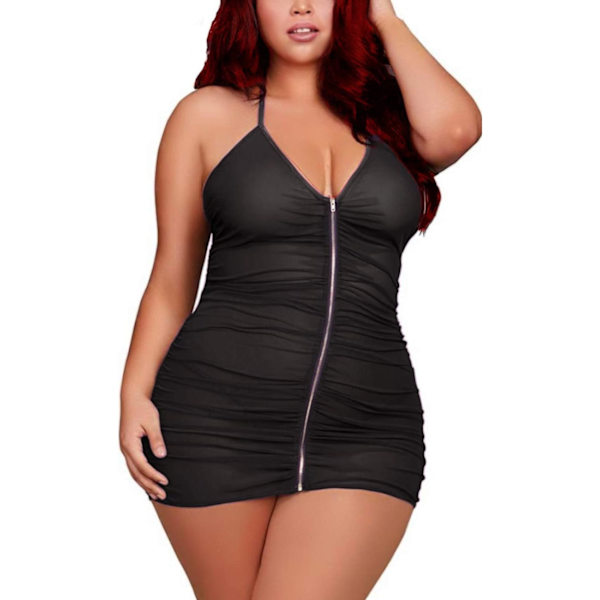 s Storlek Genomskinlig Stretch Mesh Babydoll Klänning Dragkedja Shirring Halterneck Chemise Kurvig Sexig Lingerie för Kvinnor Svart 3X-Large