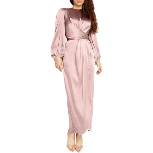en's enfärgad satinklänning Abaya med rund krage, ballongärm, omslag i midjan, slitsad maxiklänning, Mellanöstern, muslimsk klänning, rosa, stor