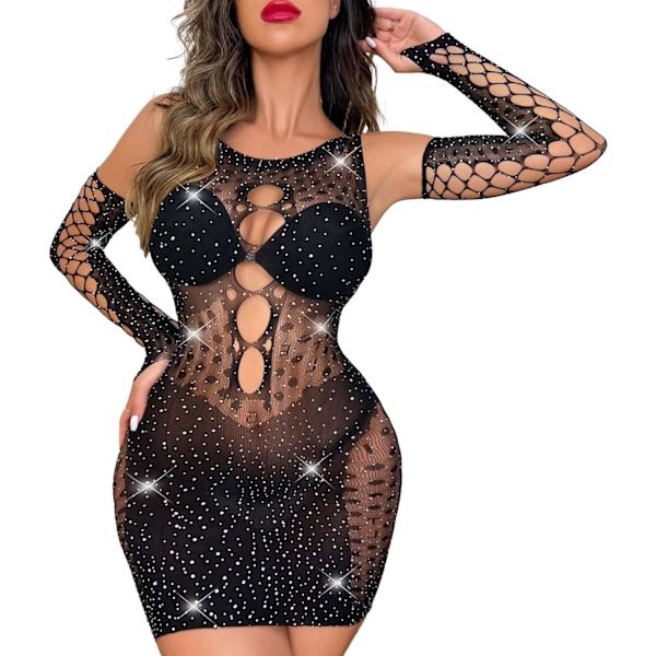 itnove Dam Sexig Nätklänning Bling Rhinestone Babydoll Bodysuit Elastisk Plus Size Underkläder Outfit Svart