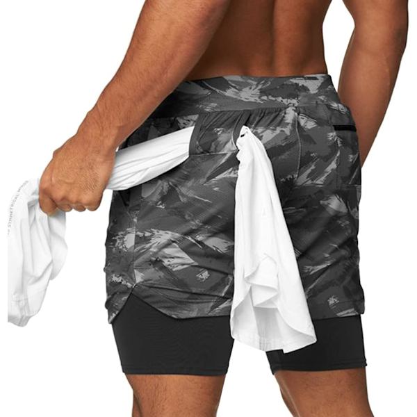 MLEMON 2-i-1 löparshorts för män, träningsbyxor för gym, träning, sport, shorts med handduksögla