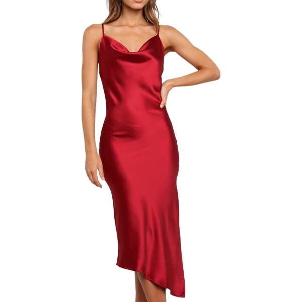ivimos Dam Satin Klänning Spaghetti Remmar Sidoslits Kjolringning Oregelbunden Fåll Midi Klänning Winered Stor