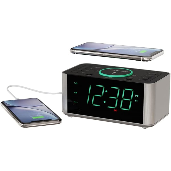 Erson Alarm Clock Radio och QI trådlös telefonladdare med Bluetooth, kompatibel med iPhone Xs Max/XR/XS/X/8/Plus, 10W Galaxy S10/Plus/S10E/S9, alla