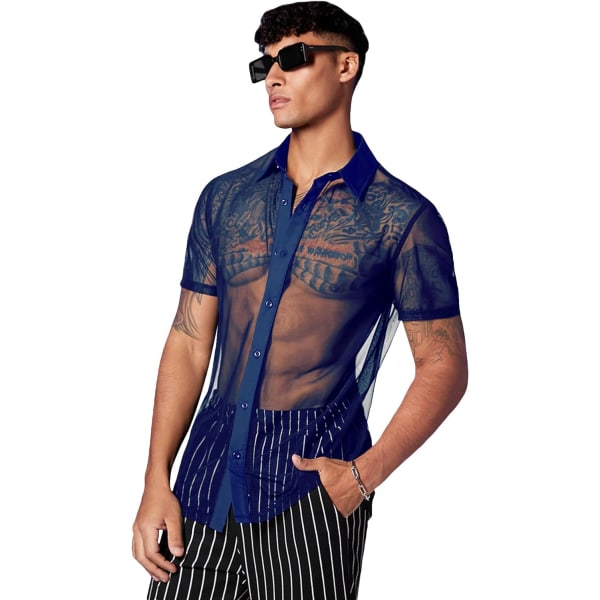 dusa Sheer Mesh Button Up Skjorta för män Se Through Kortärmad Topp Marinblå Medium