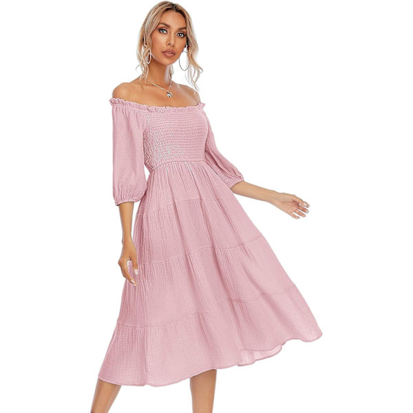 ivimos Dam Sommar Bomull Lykta Ärmar Volang Off Shoulder A-Linje Midi Klänningar Rosa Stor