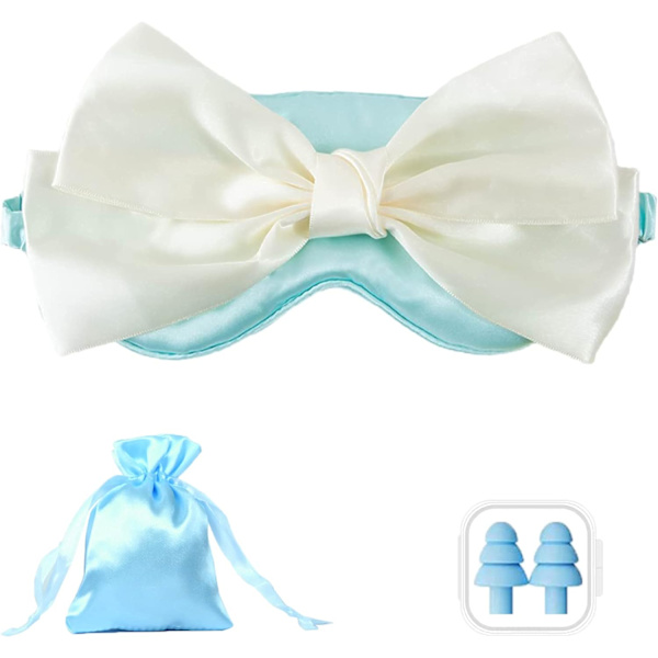 e Sleep Mask och öronproppar set, silke sleep mask för kvinnor, mjuk rosett satin ögonmask för sovande, sleep eye cover, återanvändbar ey blå