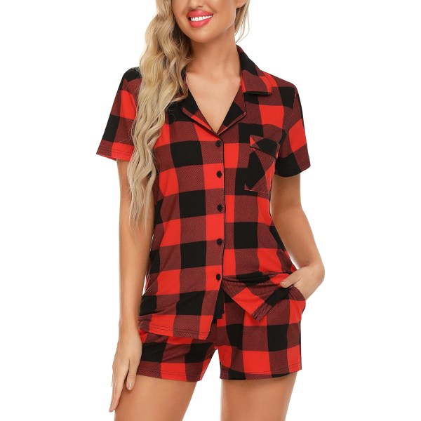 ng Damkläder Knäppning Pyjamas Set V-ringad Kortärmad Nattkläder Mjuk Pj Set S-XXL, A Stil Byxor Ingen B Stil Med Fickor- Röd Svart Rutig Liten