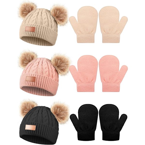 et Barn Baby Toddler Vinterhattar och Vantar Set Klassisk Varm Stickad Mössa Handskar Båge för Pojkar och Flickor 0-6Y Klassiska Färger Klassisk,Skydd