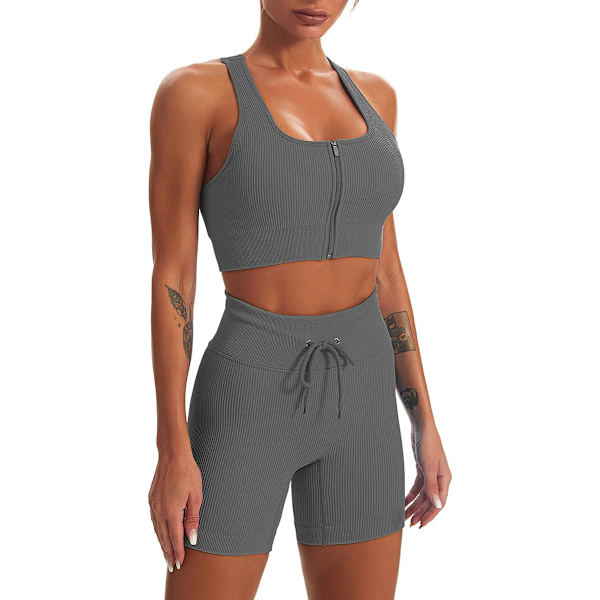 CIW Dam Workout Set 2 Delar Sömlös Ribbad Hög Midja Shorts med Tank Crop Top Sport BH Yoga Outfits