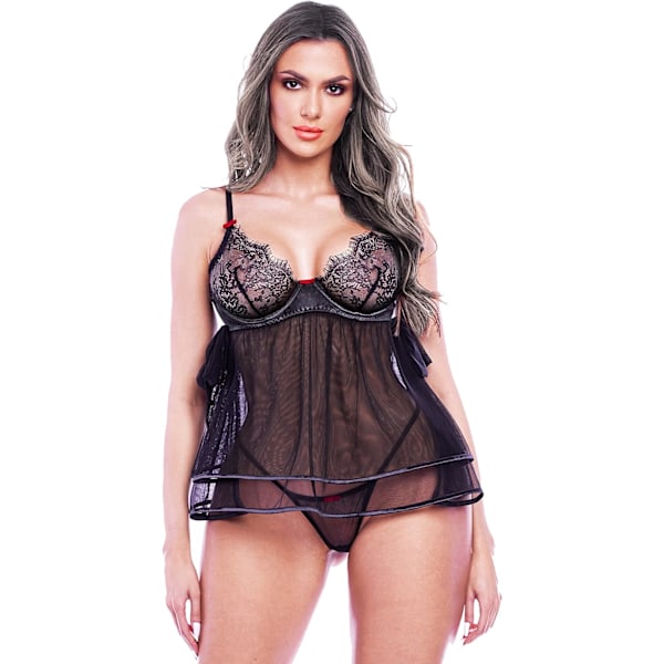 sv Lingerie Söt Babydoll Kort Klänning Negligee Nattkläder Spets BH och Mesh Klänning Klassisk Svart 38C