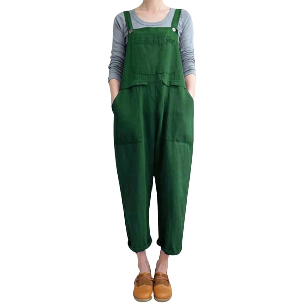 Kvinnors mode Baggy Loose Linne Overaller Jumpsuit Oversized Casual Ärmlös Rompers med fickor Mörkgrön Liten