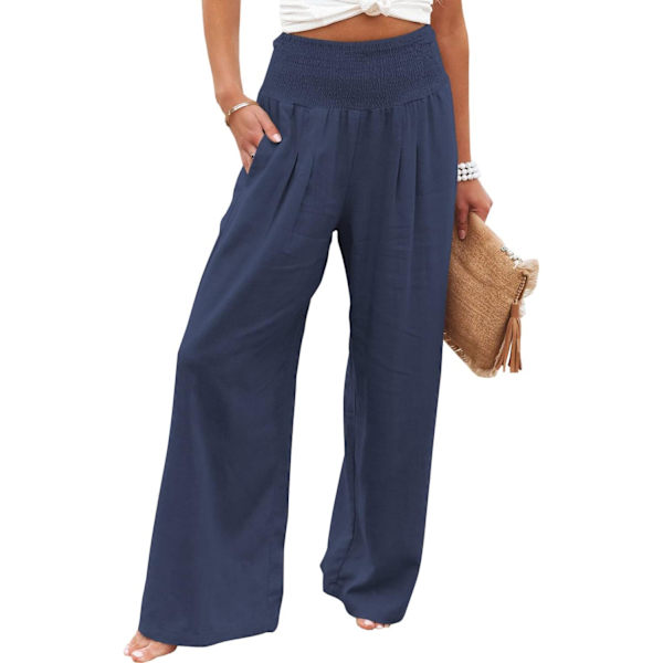 a Women Summer High Waisted Cotton Linen Palazzo Pants Wide Leg Long Lounge Pant Trousers with Pocket Navy Large