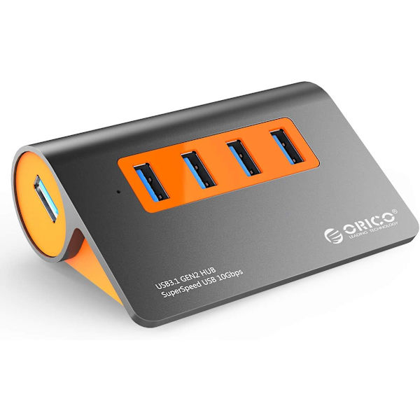 4-portars strömförsörjd USB 3.1 Gen2-hubb i aluminium, datahubb, 10 Gbps SuperSpeed USB-splitter med 12V/2A strömadapter för stationär dator/bärbar dator USB3.1 Gen2